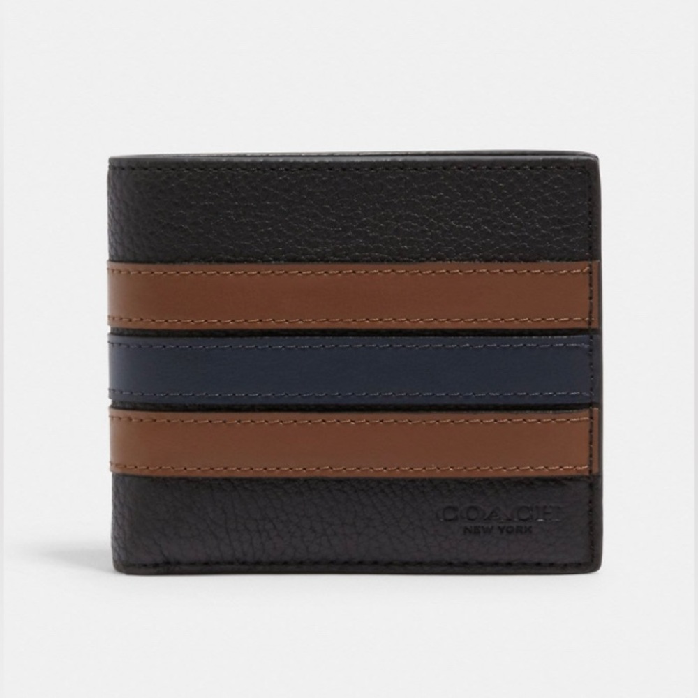 COACH, NWOT 3-in-1 leather wallet with varsity stripe